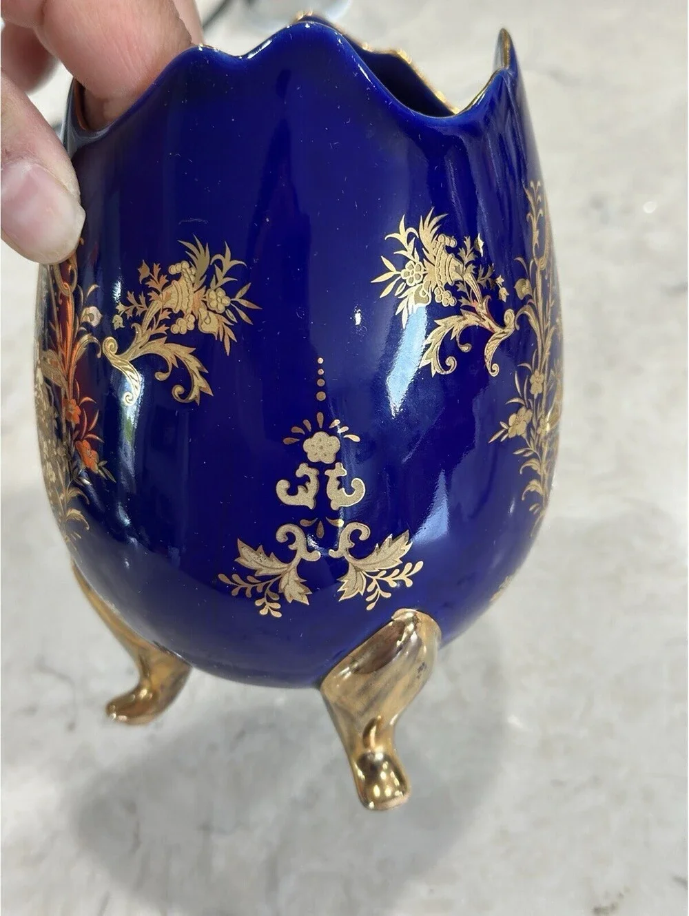 Vintage Limoges French Cobalt Blue Footed Egg Vase With 18k Or 22k Gold Accent